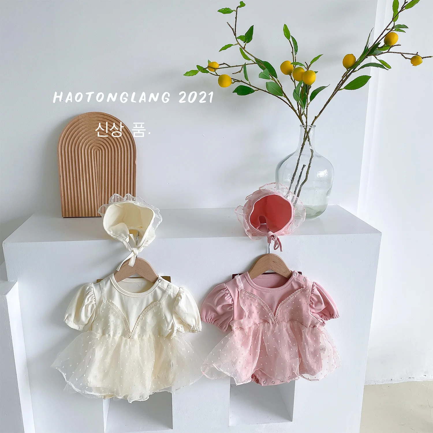 

2021 Summer Girl Child Creeping Suit Lovely Princess Gauze dress Baby Girl Loose Short Sleeve Jumpsuit with Hat
