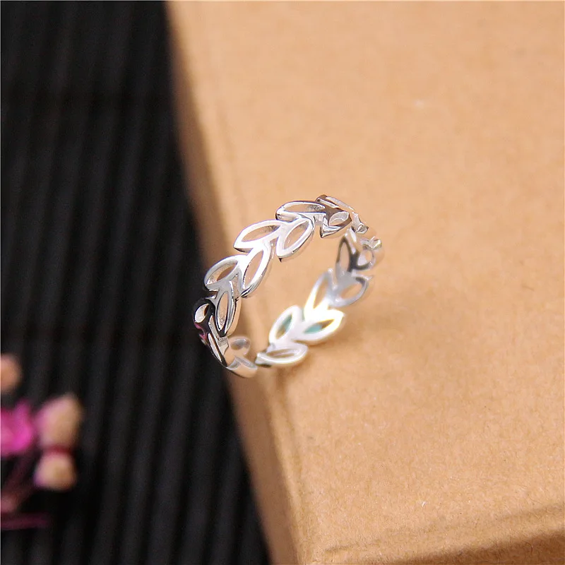 

Real S925 Sterling Silver Fashion Small Fresh Hollowed Out Olive Leaf Adjustable Opening Ring MeiBaPJ Exquisite Gift Jewelry