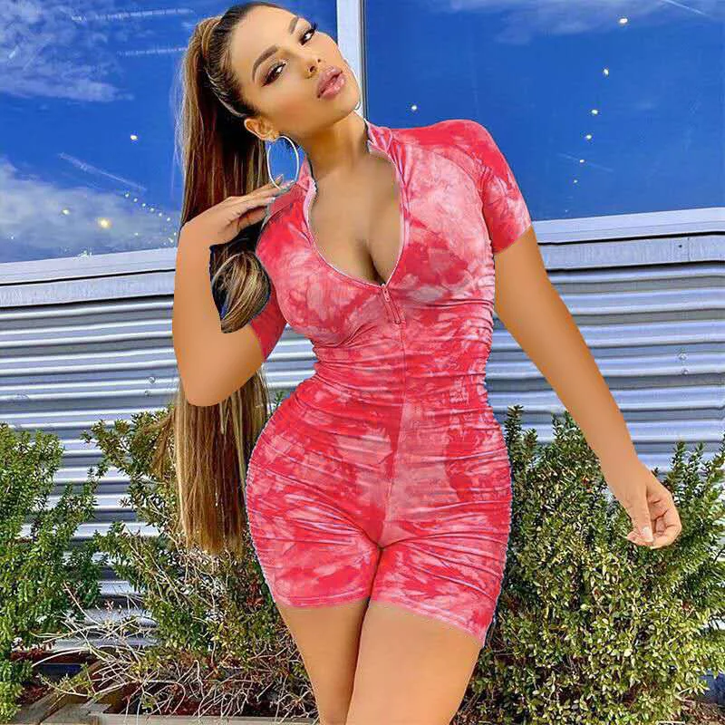 

Sports Style Women Fashion Casual V Neck Zipper Short Sleeves High Waist Pleated Tie Dye Skinny Fit Mini Jumpsuit Drop Shipping