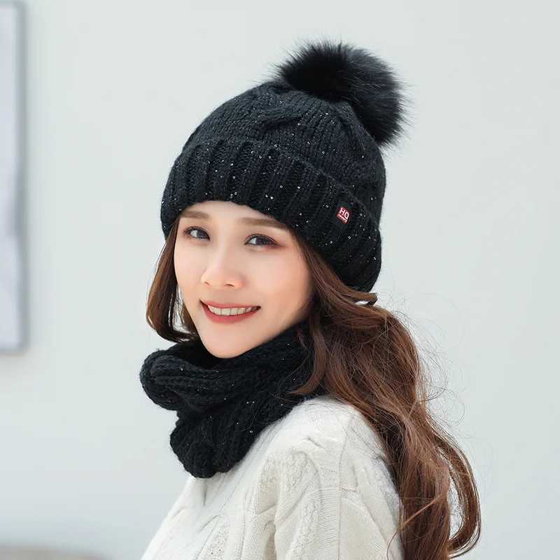 Вязаная зимняя шапка и шарф, комплект, Женская Толстая теплая шапка бини шарф женский для девочек Pom Beain однотонные шляпы