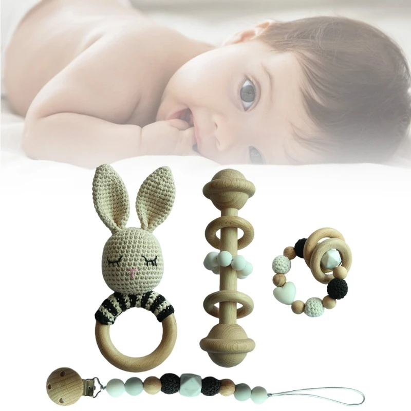 

Baby Pacifier Clip Teething Bracelet Crochet Rabbit Soother Infants Rattle Teether Toy Newborn Dummy Chain Holder Shower Gifts