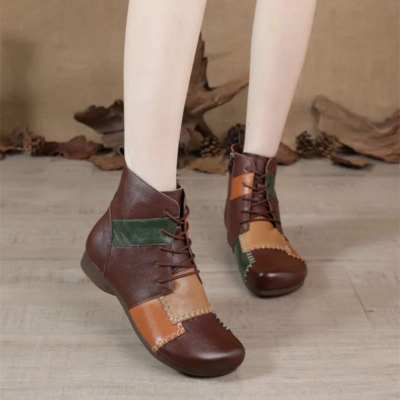 

YAERNI New Women Boots 2020 Autumn Mixed Colors Patchwork Genuine Leather Round Toe Short Boots Women Flat Heel Ankle Boots