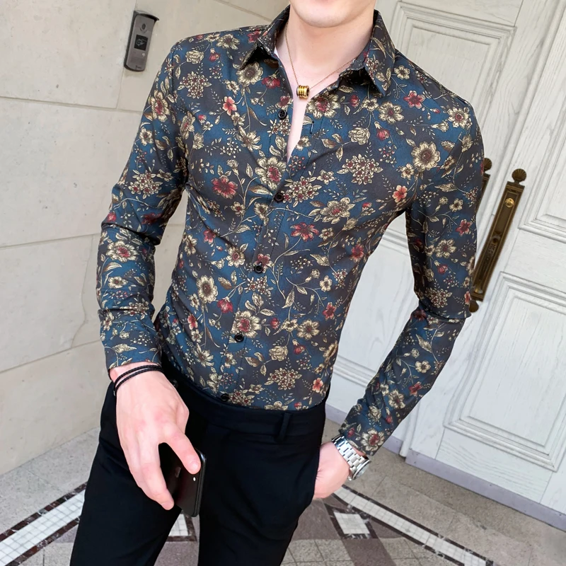 

Hot Sale Men Floral Shirts Long Sleeve Fashion 2021 Spring New Slim Fit Casual Prom Tuxedo Night Club Dress Blouse Homme 3XL-M