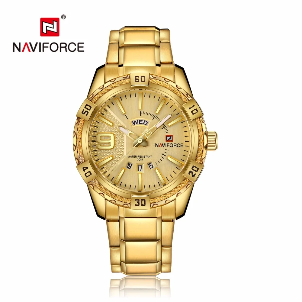 

NAVIFORCE Luxury Brand Mens Sport Watch Gold Full Steel Quartz Watches Men Date Waterproof Military Clock Man relogio masculino