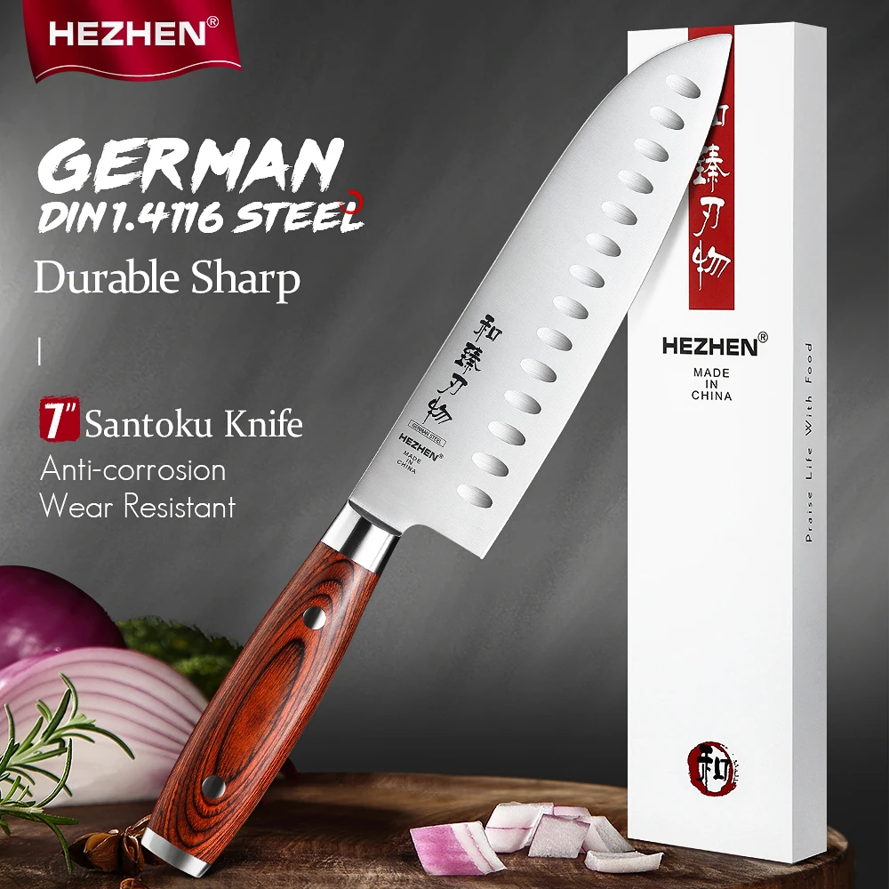 

HEZHEN Stainless Steel 7 Inches Santoku Knife Japanese German DIN1.4116 Beautiful gift box Pakka Wood Handle Kitchen Knives Tool
