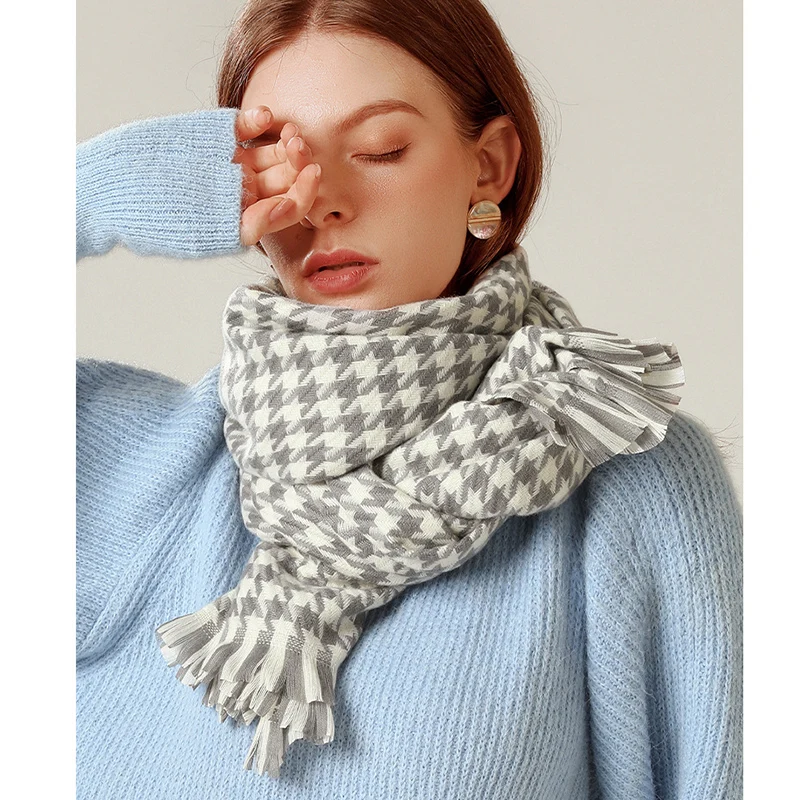 Зимний модный клетчатый шарф женские роскошные кашемировые шали с кисточками
