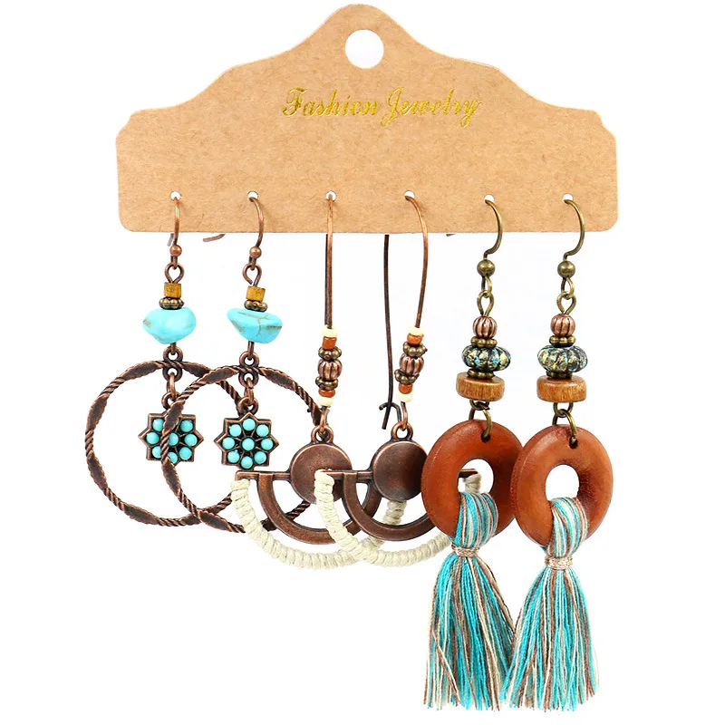 

8Seasons Fashion Women Drop Earrings Set Bohemian Geometric Round Leaves Wood Beads Ethnic Long Tassel Dangle Earrings Jewelry