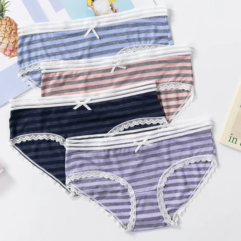

New Color Matching Stripe Lace Lace Lace Women's Briefs Panties Pure Cotton Girls Underwear