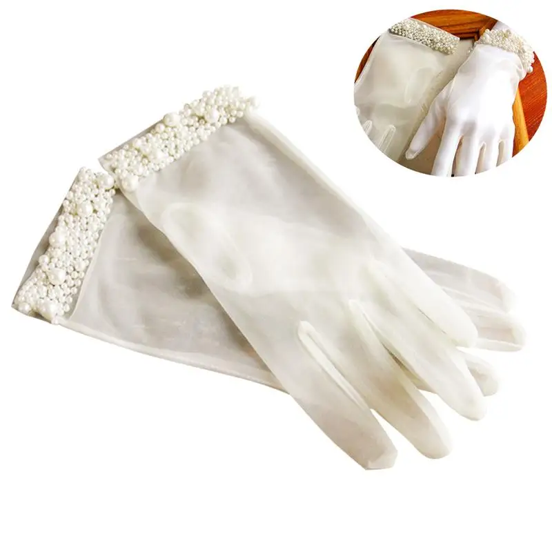 

1 Pair Pearls Lace Bride Gloves Elegant Transparent Mittens Hand Mitts Costume Accessory for Evening Banquet Dancing