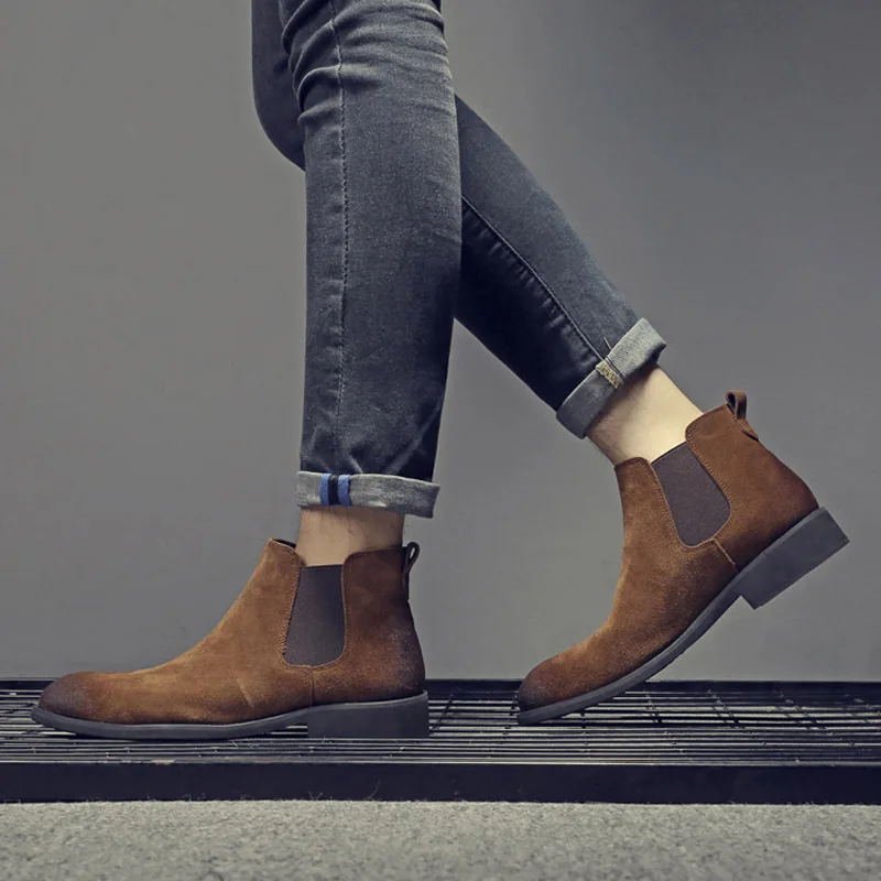 

Vogue Winter Men Chelsea Boots Brown Slip-On Genuine Leather Man Ankle Boots Black High Hot Martin Boots Casual Shoes