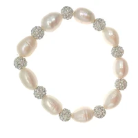 9 10mm rice shape white freshwater baroque pearls bracelet with 10mm rhinestone balls stretchy for women girls gifts 7 5 inch