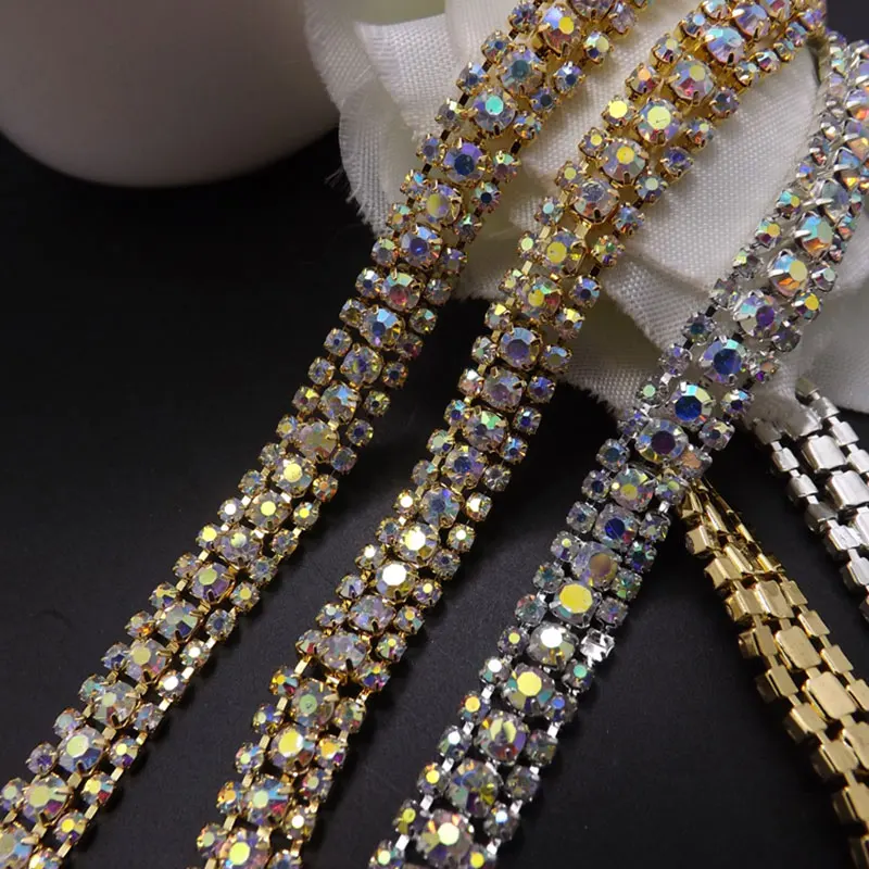 3 ряда 1 ярд стразы Кубок цепи с золотой коготь красочные Стекло Strass Rhinetones обрезки Швейные Ремесло украшения Y2286