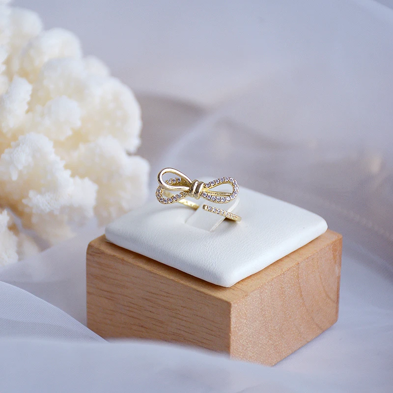 

New Trendy Charm 14k Real Gold Bowknot Twist Opening Rings for Women Designer Jewelry Adjustable Micro Inlay AAA Zircon Party