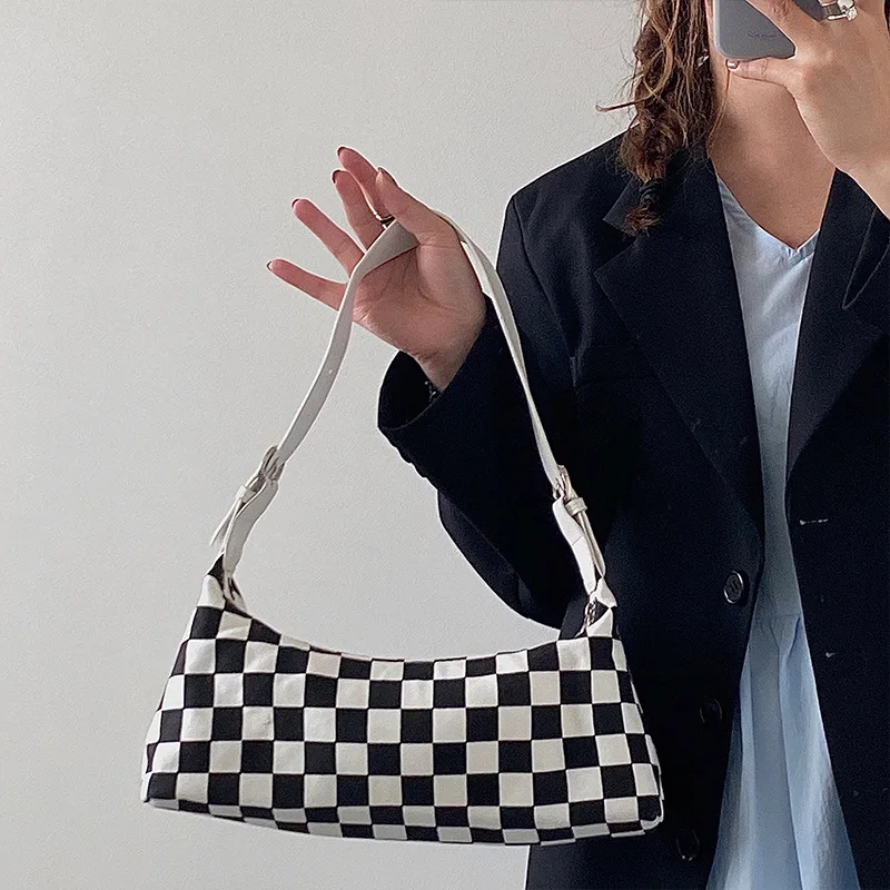 

Black and White Plaid Canvas Underarm Bag Women New Fashion Simple Single Shoulder Diagonal Bag Bags for Women Luxury Handbags