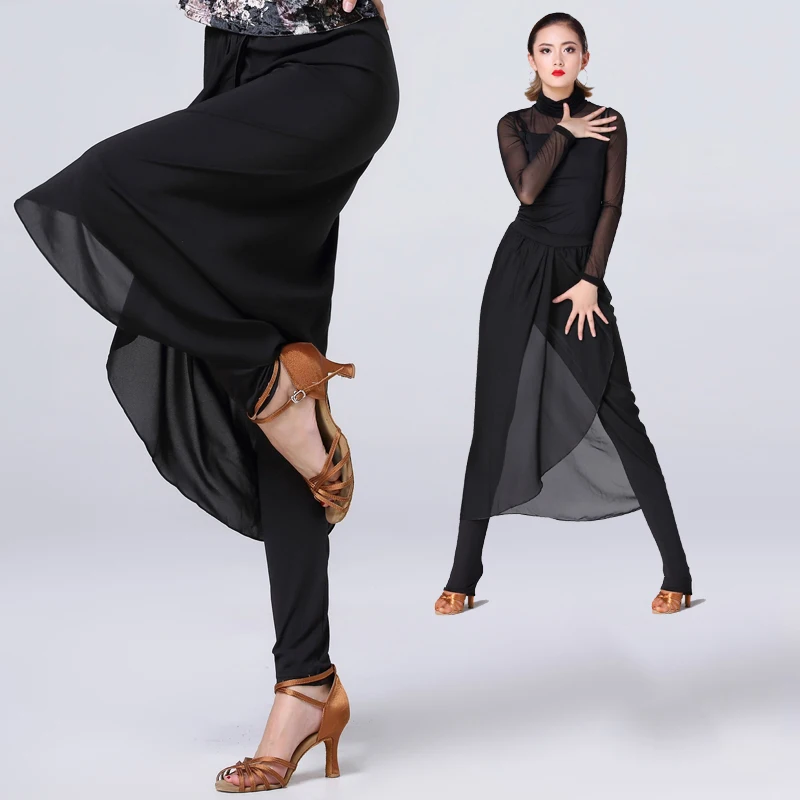 

Юбка для латиноамериканских танцев, женские брюки, для бальных танцев, стандартное танцевальное платье, шифоновые брюки, современная танцевальная одежда для тренировок, BI289