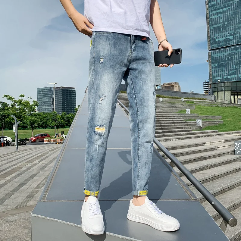 

Hot 2021 Denim Jeans men's slim feet summer thin wild brand men's trousers casual long men's Korean trend teenager pencil pants