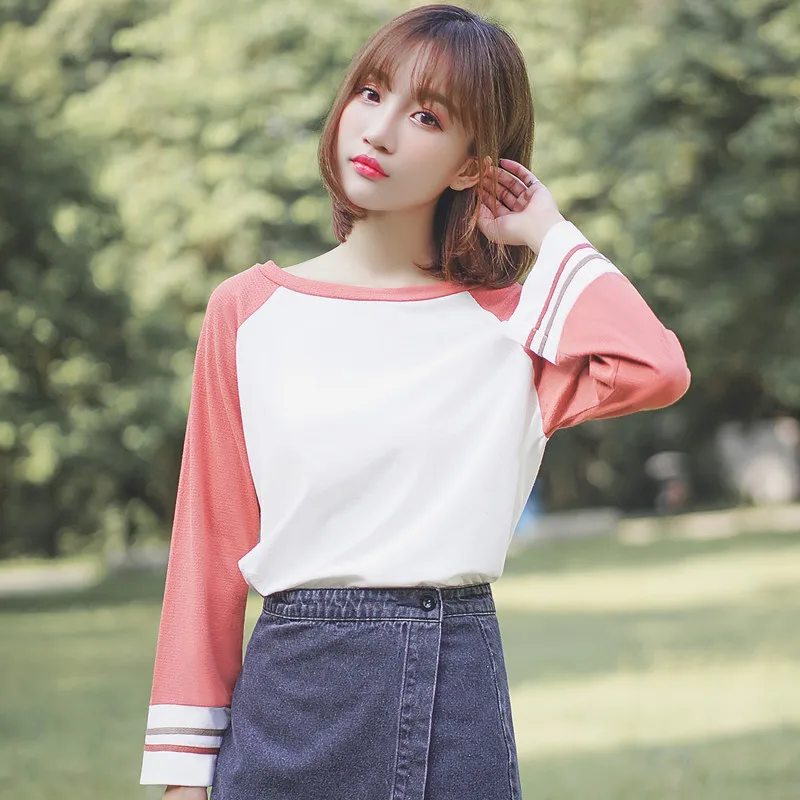 

Chic Khaki New Spring and Autumn Simplicity Raglan Long-Sleeved T-shirt Blue All-Match Loose Color Contrast Bottoming Shirt