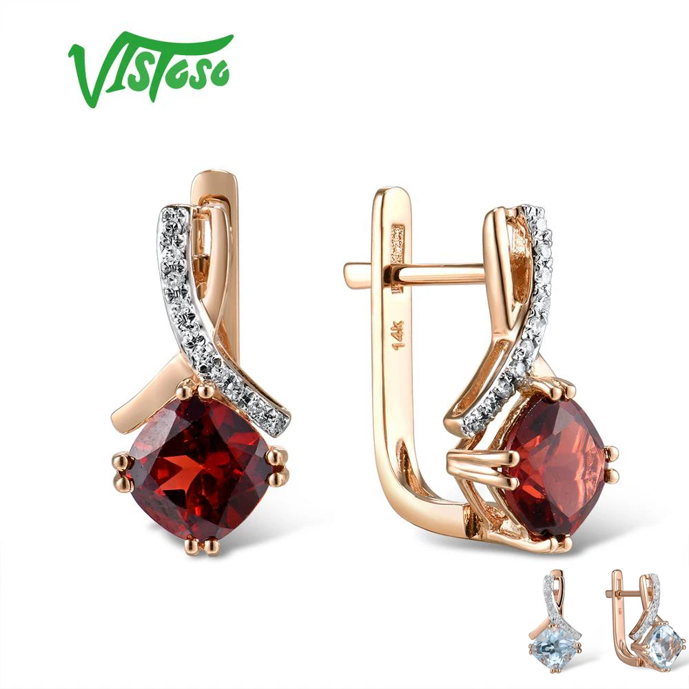 VISTOSO золотые серьги для женщин подлинные 14K 585 розовое золото Сияющий гранат сверкающие алмазные серьги обручальные свадебные украшения