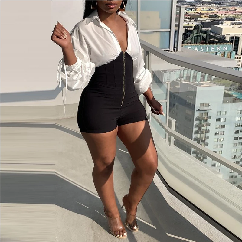 

Black White Patchwork Bodycon Playsuit Shirt Woman Clothing Sexy Jumpsuit Autumn 2021 Zip Up Party Club Romper Jumpsuits Shorts