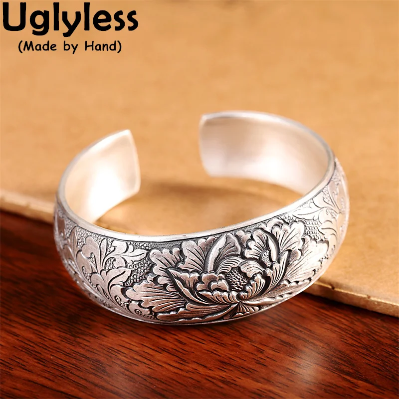 

Сверхширокие браслеты для женщин, 28 мм, широкие браслеты с цветком пиона, открытые браслеты, одноцветные, серебро 925 пробы, этнические ювелир...