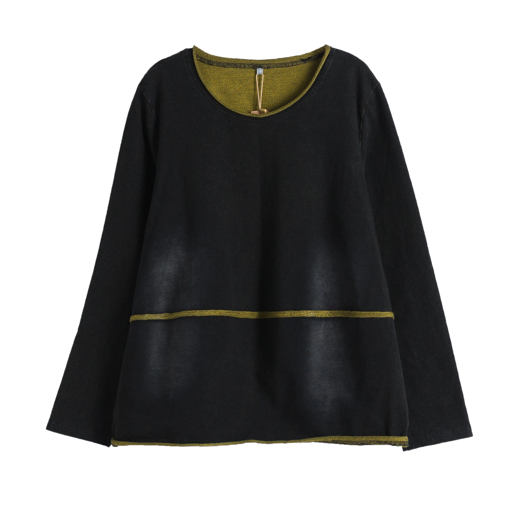 

Denim Black Tops For Women Long Sleeve Lines O-neck
