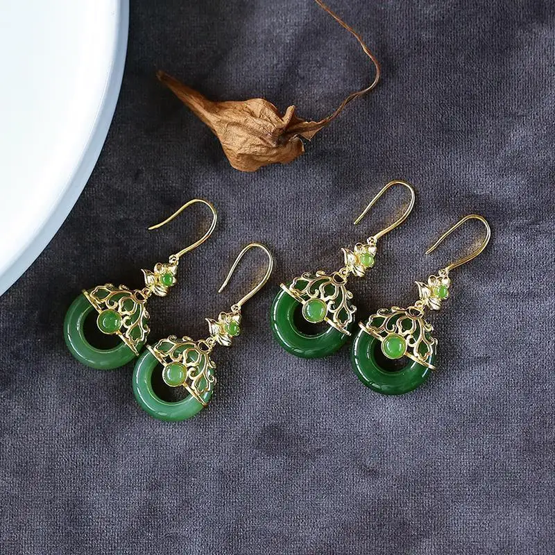 Natural Hetian jade Jasper Earrings Chinese retro court style designer craft original charm women's brand silver jewelry