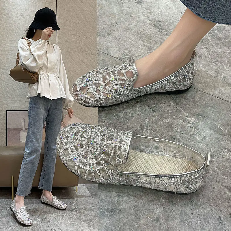 

Summer Women Shoes Lace Mesh Flat Shoes Slip On Sequins Loafers Lady Casual Footwear Breathable Hollow Out Flats Zapatos Mujer