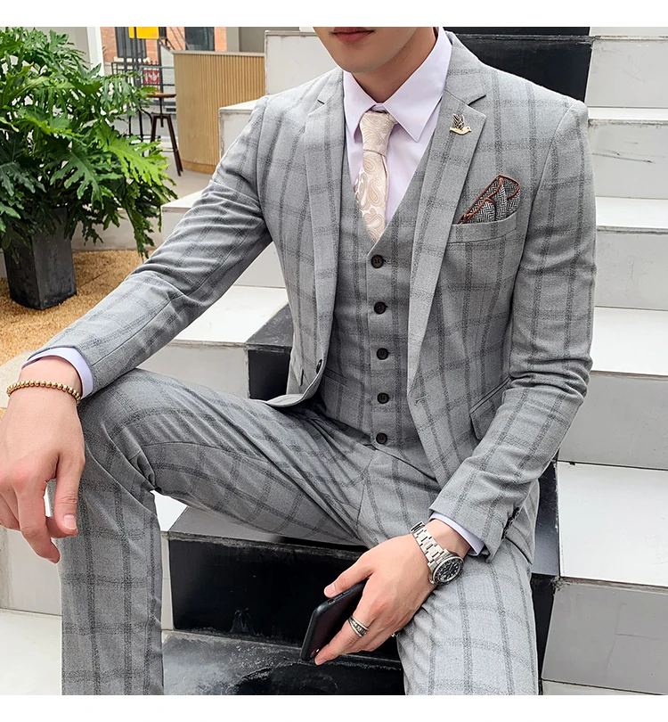 Элегантный Черный, серый цвет Клетчатый костюм «Человек Осень Slim Fit Мужские свадебные костюмы костюм 3 предмета Homme костюмы для торжественных случаев для Для мужчин Q176