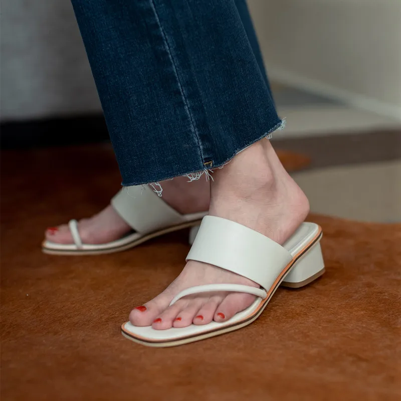 

VERCONAS Women Genuine Leather Slippers Fashion Thick Heel Concise Basic Shoes Square Toe Thick Heels Sandals Shoes Woman