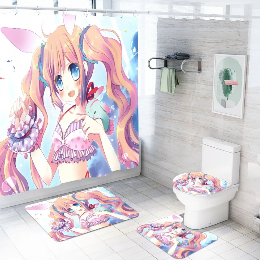 4 Pieces Japan Anime Shower Curtain Beautiful Bikini Girls Bathroom Set Carpet Cover Bath Mat Sexy Woman Sets | Дом и сад