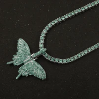 green crystal butterfly pendant 1 row tennis chain pink charm hip hop womens necklace mens blue silver color iced out jewelry