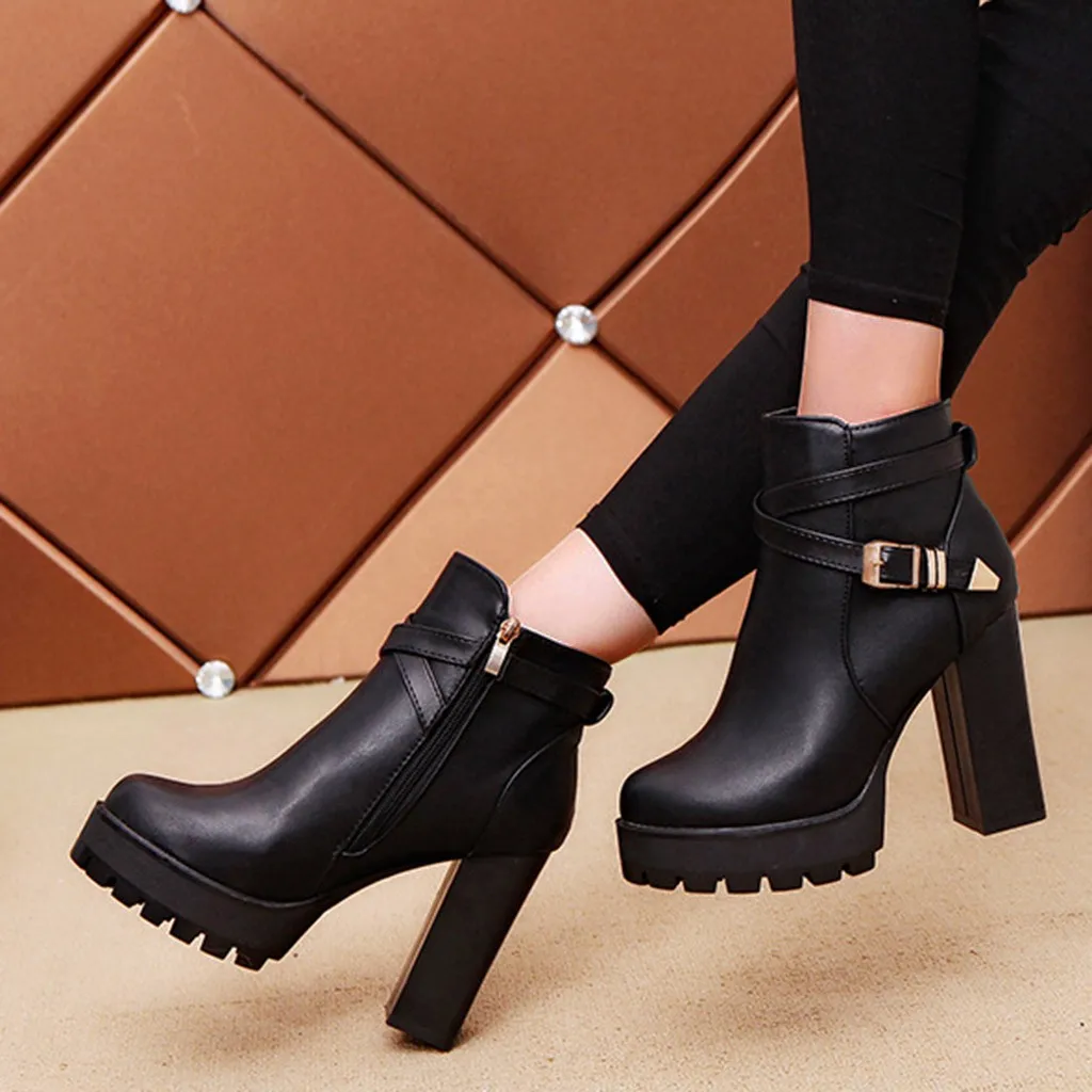 Женские теплые зимние сапоги на платформе модные молнии с ремешком и пряжкой