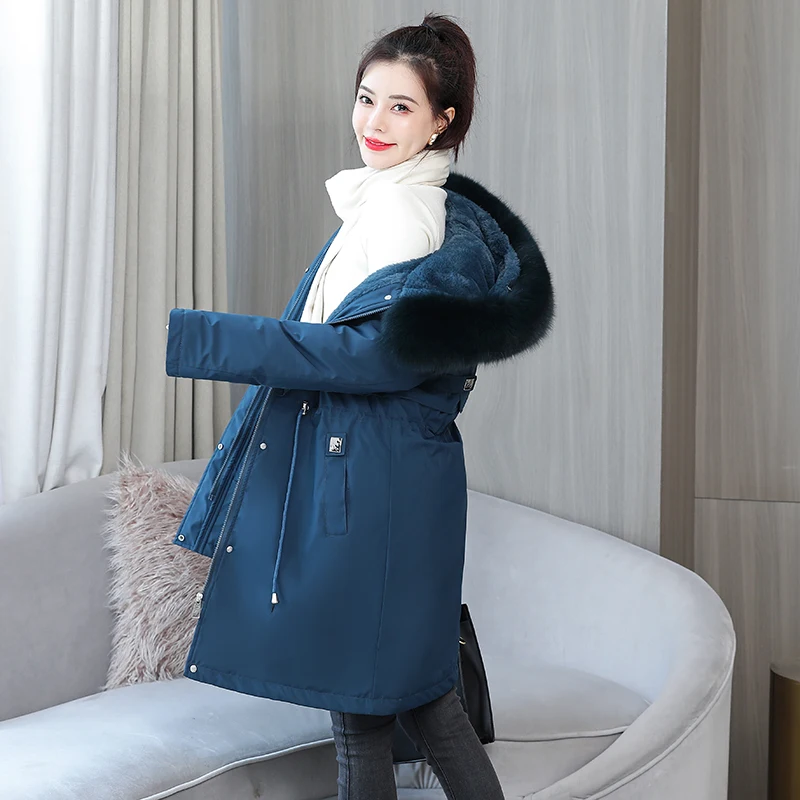 Long Coat Women Thick Wool Liner Hooded with Fur Solid Zipper Ladies Casual Winter Jacket Warm Parka Outwear for Female 2021