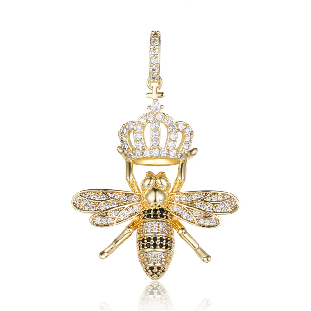 

100% Micro Zircon Hip Hop Bee Crown Pendant Necklace For Men Jewelry Party Custom Accept Bling Bling Dropshipping