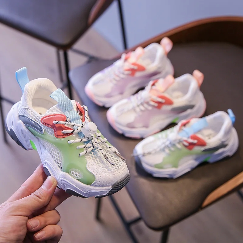 

New Summer Pink Breathable Running Shoes for Girls Sneakers Baby Tennis Shoes Green Kids Shoes Boys Student Jogging Shoes E12152