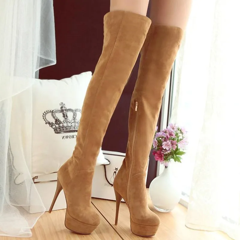 Fashion Suede Over The Knee Boots Sexy Pointed Stiletto High Heel Women's Winter Warm Fur Nubuck Leather Platform Shoes | Обувь