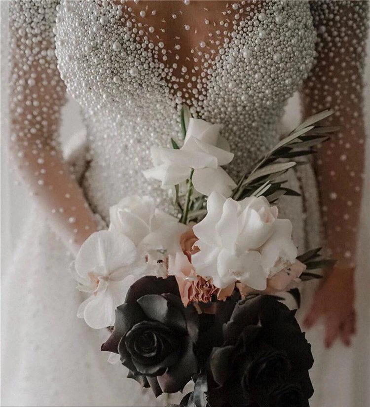 Luxury Full Pearl Beaded Saudi Arabic Mermaid Wedding Dresses 2020 With Detachable Train Long Sleeves Plus Size Bridal Gown