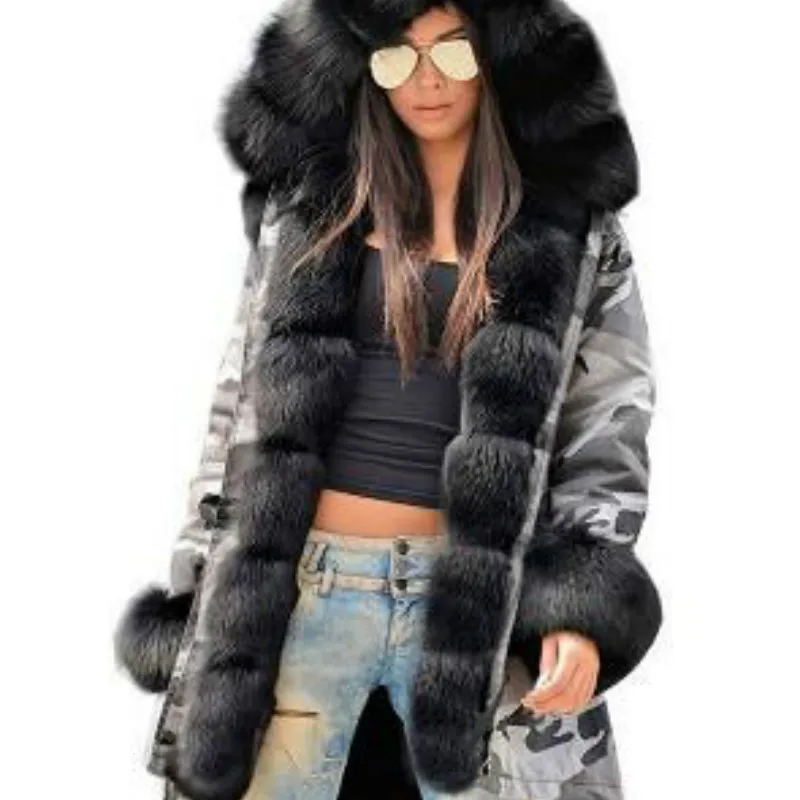CamouflageBeige1 Женские теплые пальто с капюшоном из искусственного меха, парки, анораки, верхняя одежда, зимние длинные куртки, Женская парка, повседневное меховое пальто с капюшоном в стиле милитари - Цвет: CamouflageBeige1