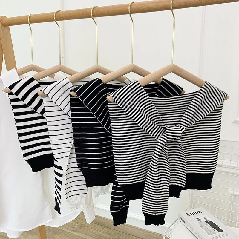 

Casual Knitted False Collar Striped Shirt Collar Female Solid Color Blouse Sweater Neckline Detachable Lace-up Decor Collar