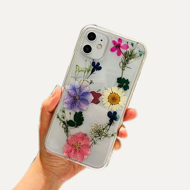 

Transparent real flower phone case is suitable for iPhone11 12Pro Max mini X XR XSMax 8 7 6PluS anti-drop protective back cover