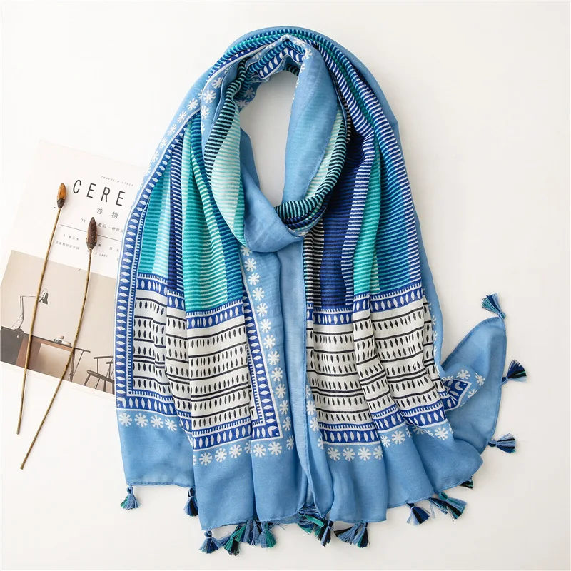 

2021 Women Autumn African Blue Patchwork Floral Viscose Shawl Scarf High Quality Print Wrap Pashmina Snood Bufandas Muslim Hijab