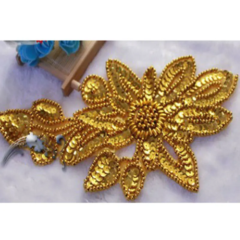 DoreenBeads Handmade Sequined Patch Gold Color Flower Shape Sew Stick On Appliqued Dancing Costume Headdress Garment Tool 1PC