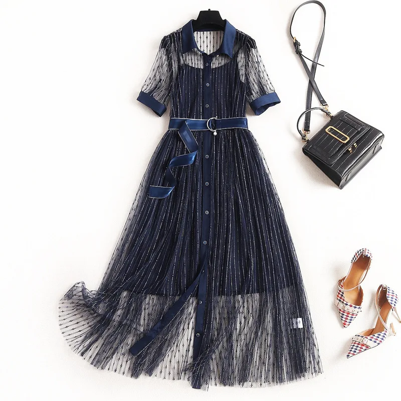

Mesh 2020 Summer Women Fashion Striped Perspective Lacing Belt Bow Tie Single Breasted Maxi Long Dress With Knitted Suspender