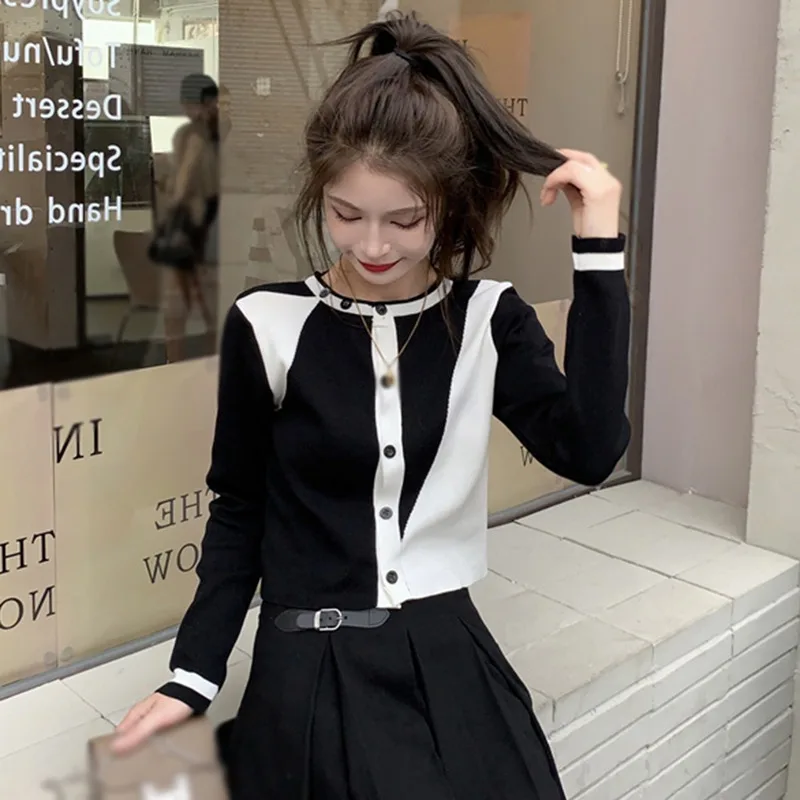 

Knitted Crop Cardigan Lady Korean Short Sweater Long sleeve O Neck Cardigan Women Clothing
