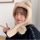Новинка, шарфы с капюшоном с милыми медвежьими ушками, Женский утепленный зимний шарф из искусственной шерсти, женская шапка из овечьей шерсти, Слитная Удобная теплая шапка, шапки