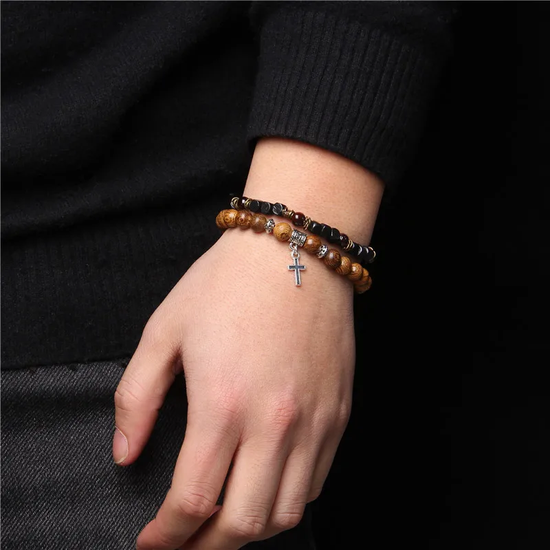 

2Pcs/Set Wooden Natural Stone Bracelets For Combination Ethinc Meditation Male Bangles Lava Hematite Tiger Eye Beads Bracelet