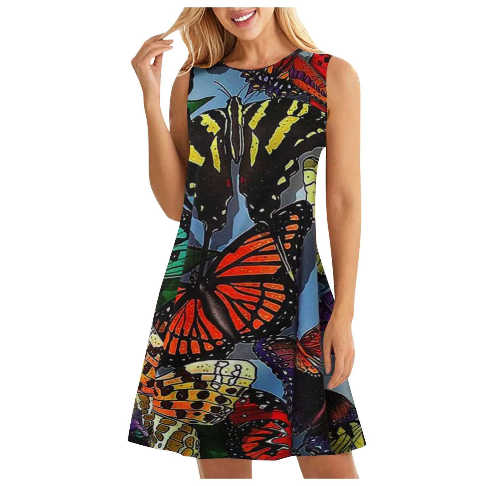 

40# Women's butterfly Printed harajuku Dress Casual Summer Loose Round Neck Bohemia Sleeveless Dress vestido de mujer femme robe