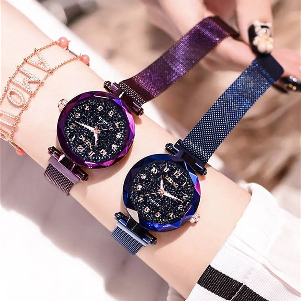 

Watch For Women NEW Fashion Starry Sky Luminous Flat Glass Mesh With Magnetic Buckle Stainless Steel Luxury Quartz Wrist Watches