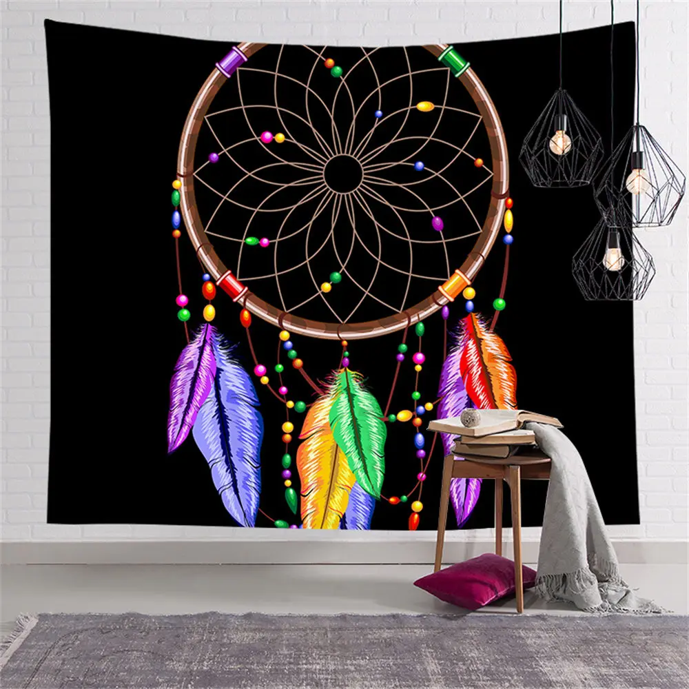 

Custom Modern Black Dream Catcher Feathers Tapestry Hippie Tapestries Wall Art Decor Hanging Fabric Living Ceiling Room CGT014