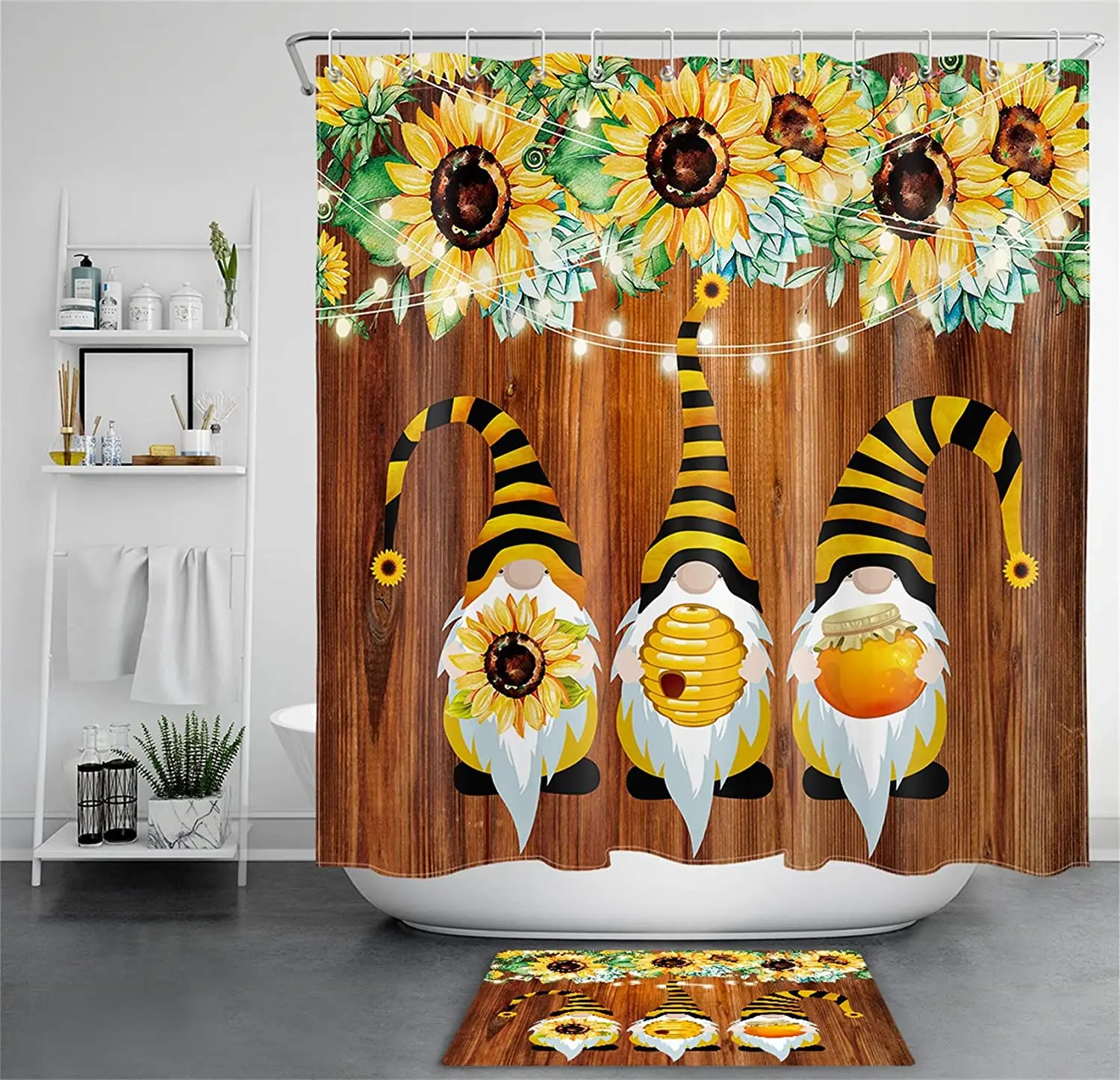 

Spring Sunflowers Funny Rustic Wooden Board Vintage Floral Shower Curtains Set
